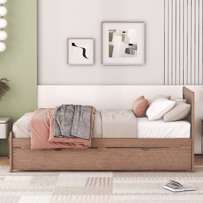 Modern Design Wooden Twin Size Platform Bed Frame With Trundle Of Walnut Color