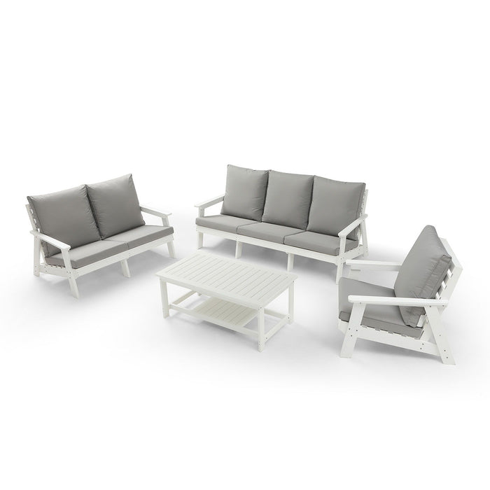 Hips Loveseat With Cushion, Wood Grain Outdoor Garden Sofa, White / Grey