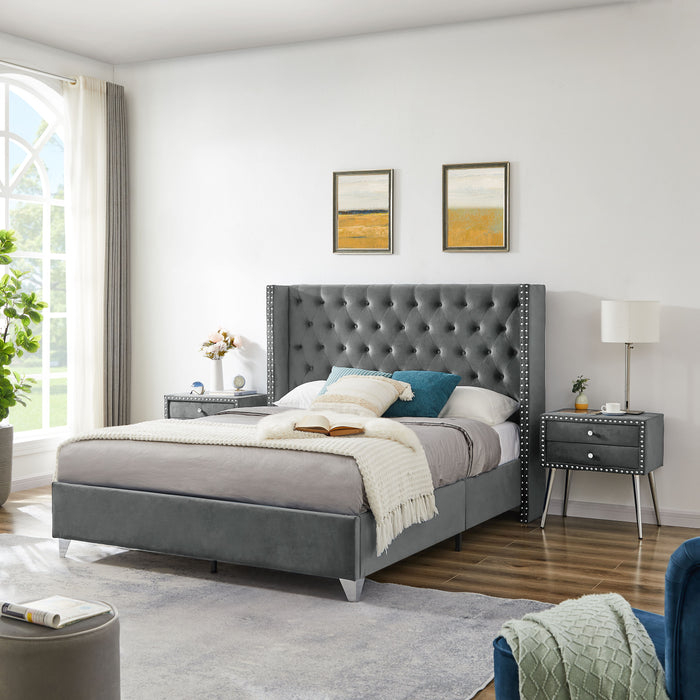 B100S Queen Bed With Two Nightstands, Button Designed Headboard, Strong Wooden Slats And Metal Legs With Electroplate - Gray