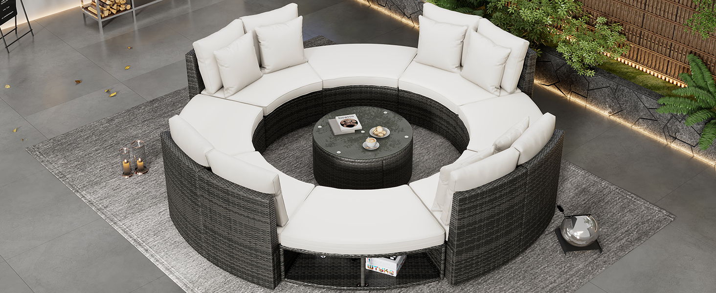 9 Piece Outdoor Patio Furniture Luxury Circular Outdoor Sofa Set Rattan Wicker Sectional Sofa Lounge Set With Tempered Glass Coffee Table, 6 Pillows, Beige