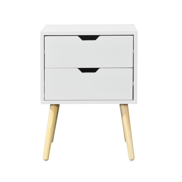 Side Table With 2 Drawer And Rubber Wood Legs, Mid - Century Modern Storage Cabinet For Bedroom Furniture - White