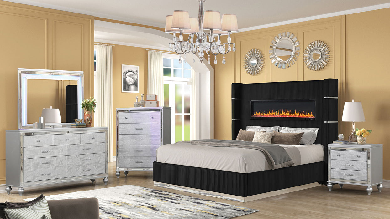 Lizelle Upholstery Wooden Queen 5 Pieces Bedroom Set With Ambient Lighting In Black Velvet Finish