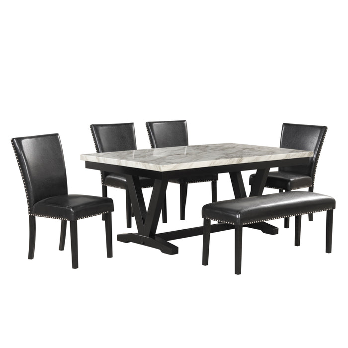 6 - Piece Dining Table Set With 1 Faux Marble Top Table, 4 Upholstered Seats And 1 Bench