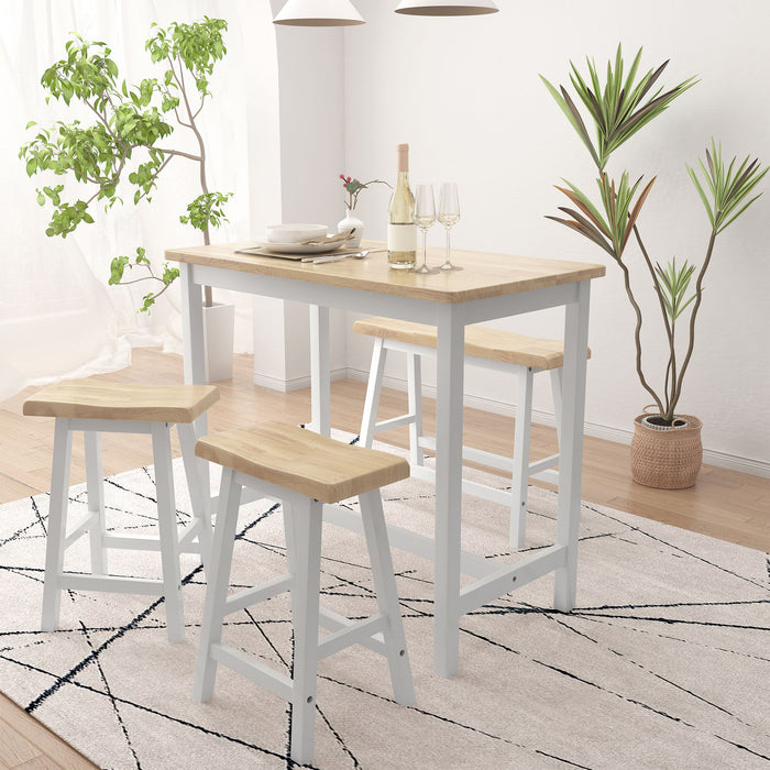 Modern Bar Dining Table Set For 4 All Rubber Wood Kitchen Bistro Counter Height Table Bench Stool For Dining Room Small Space Natural Color & White