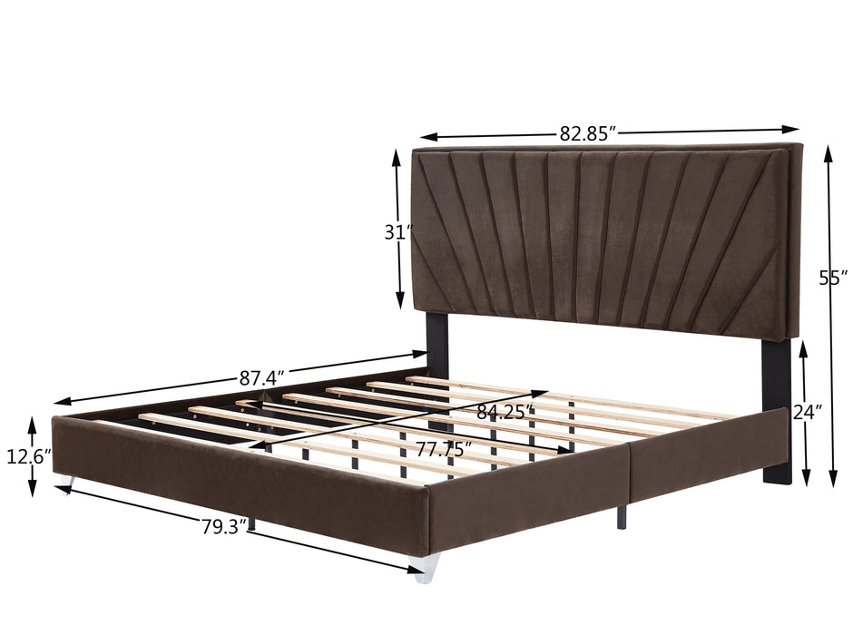 B108 King Bed With Two Nightstands, Beautiful Line Stripe Cushion Headboard, Strong Wooden Slats And Metal Legs With Electroplate - Brown