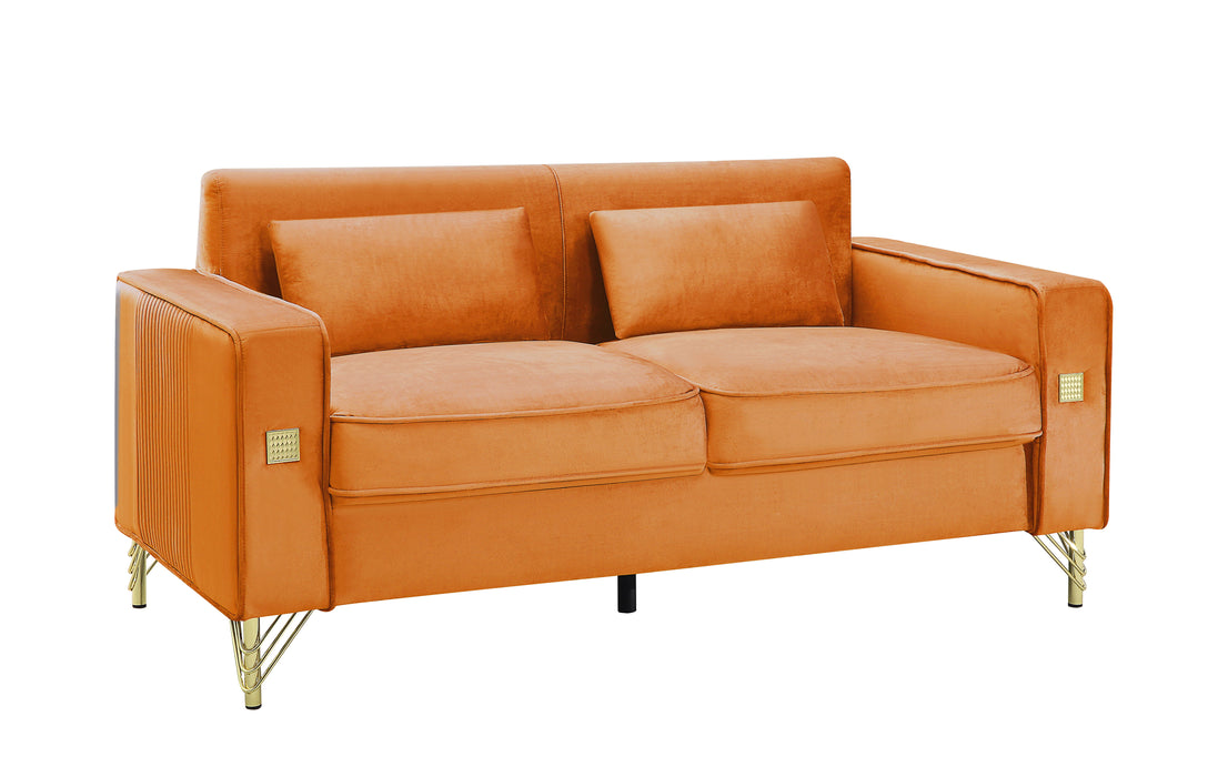 Velvet Loveseat With Pillows And Gold Finish Metal Leg For Living Room - Orange