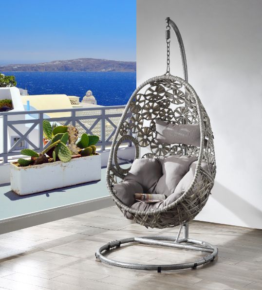 Sigar - Patio Swing Chair - Light Gray Fabric & Wicker Unique Piece Furniture