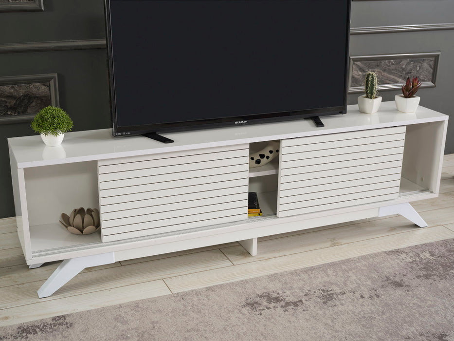 Furnishome Store Luxia Mid Century Modern TV Stand 2 Sliding Door Cabinet 2 Shelves 67 Inch TV Uni, White