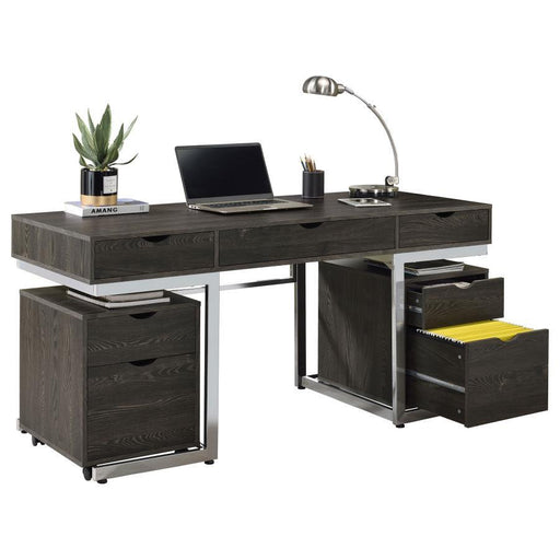 Noorvik - 3 Piece Writing Desk Set - Dark Oak And Chrome Unique Piece Furniture