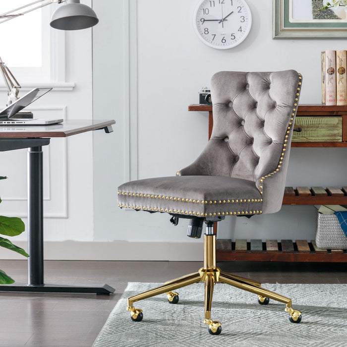 A&A Furniture Office Chair, Upholstered Tufted Button Home Office Chair With Golden Metal Base, Adjustable Desk Chair Swivel Office Chair Gray