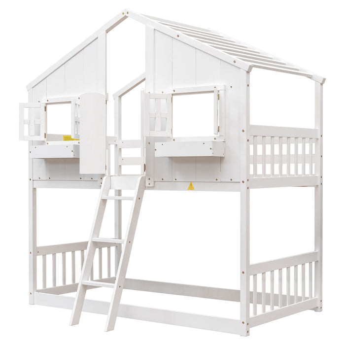 Twin Over Twin House Bunk Bed With Roof, Safety Guardrails And Ladder - White