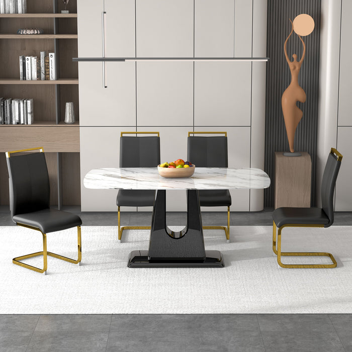 A Modern, Minimalist, And Luxurious Dining Table With A White Imitation Marble Tabletop And MDF Legs With U-Shaped Brackets. Tables In Restaurants And Living Rooms