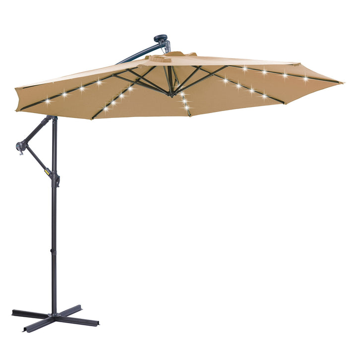 10 Ft Solar LED Patio Outdoor Umbrella Hanging Cantilever Umbrella Offset Umbrella Easy Open Adustment With 32 LED Lights - Taupe