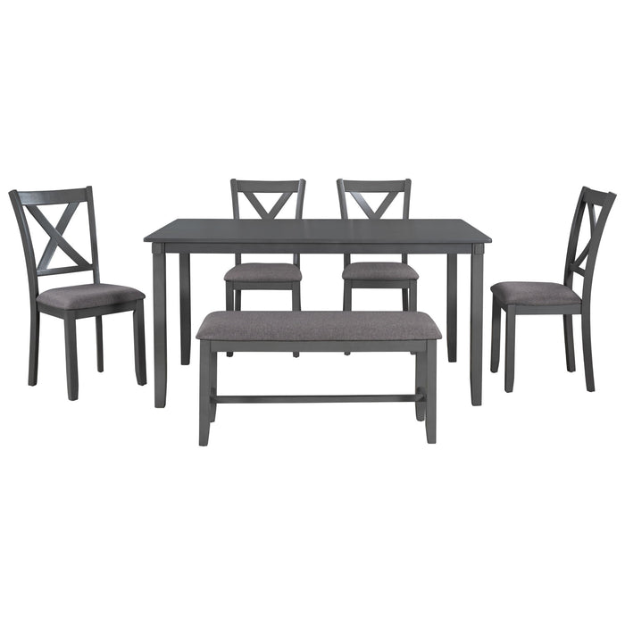 Trexm 6 Piece Kitchen Dining Table Set Wooden Rectangular Dining Table, 4 Fabric Chairs And Bench Family Furniture (Gray)