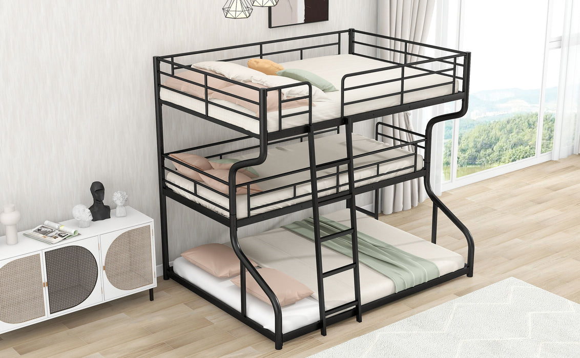 Full Long Over Twin Long Over Queen Size Triple Bunk Bed With Long And Short Ladder, Black