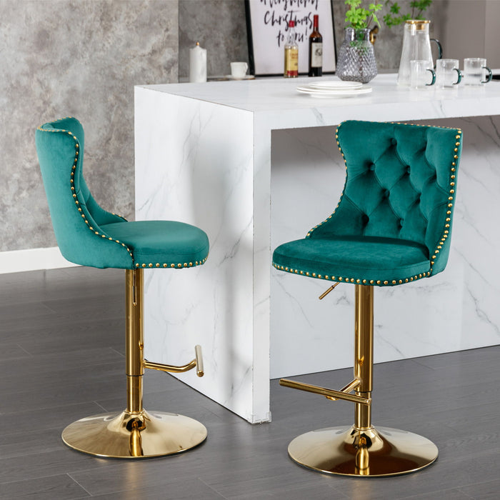 A&A Furniture, Golden Swivel Barstools Adjusatble Seat Height From, Modern Upholstered Bar Stools With Backs Comfortable Tufted For Home Pub And Kitchen Island (Set of 2) - Green