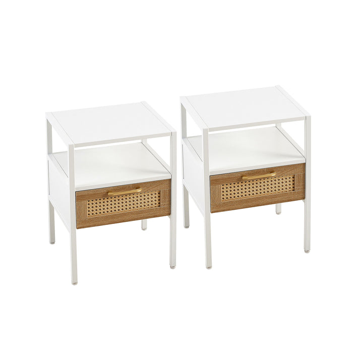 Rattan End Table With Drawer, Modern Nightstand, Metal Legs, Side Table For Living Room, Bedroom (Set of 2) - White