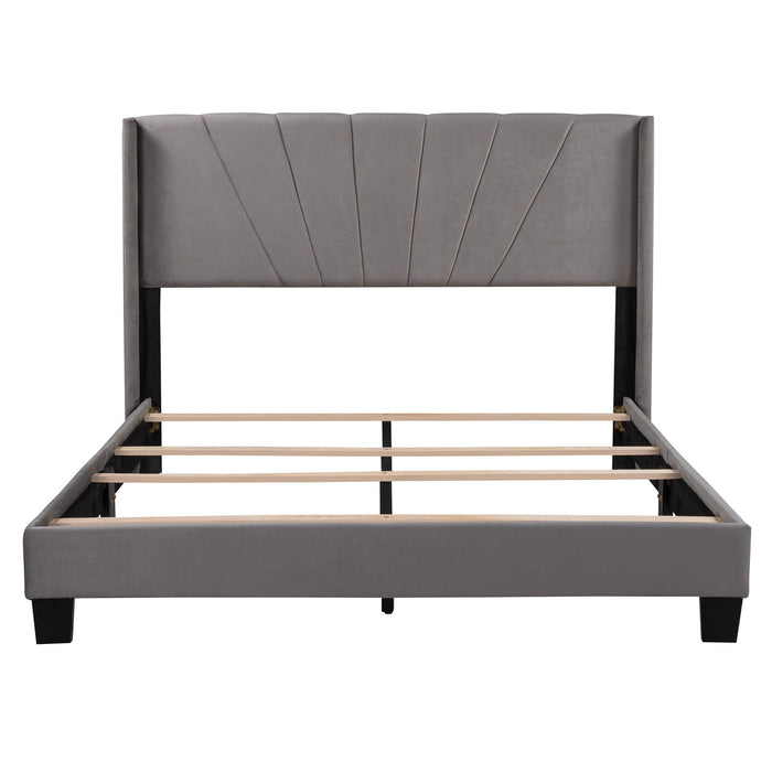 Queen Size Velvet Upholstered Platform Bed, Box Spring Needed Gray