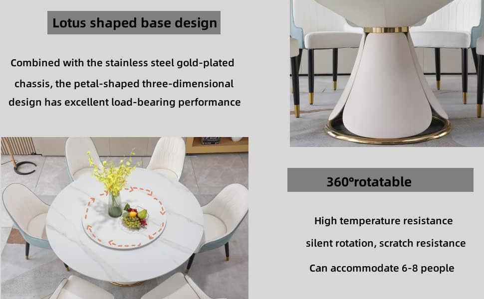 Round Marble Dining Table Set For 6-8, Round Kitchen Table With Petal-Shaped Unique Design, Dining Room Table Set Petal PU Leather & Metal Base (59'' Table With 6 Brown Chairs)