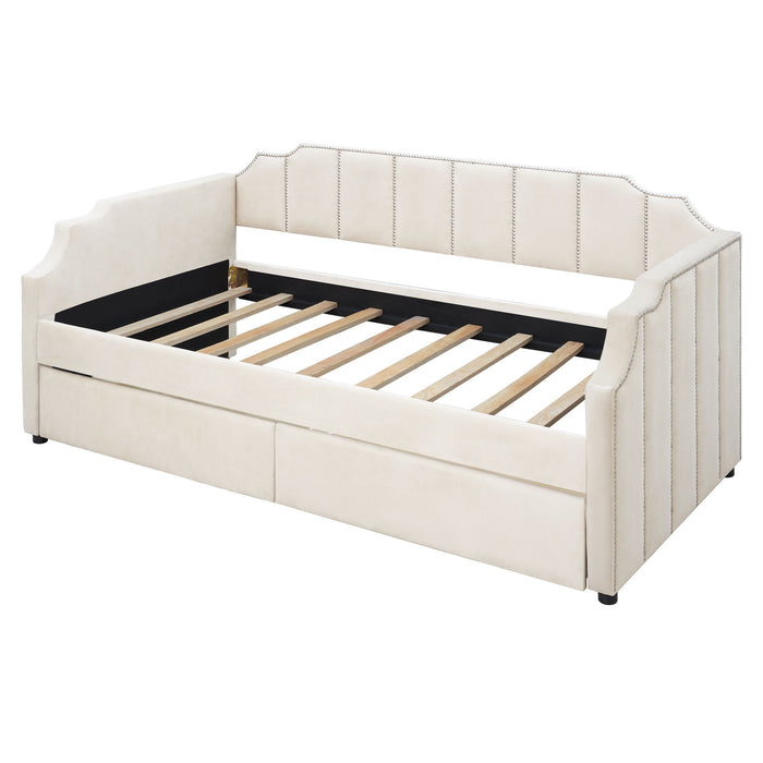 Twin Size Upholstered Daybed With Drawers, Wood Slat Support - Beige