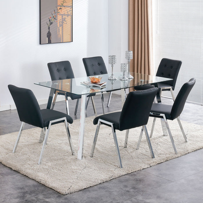 Table And Chair Set, 1 Table With 6 Black Chairs, Rectangular Glass Dining Table With Tempered Glass Tabletop And Silver Metal Legs, Paired With Armless PU Dining Chairs And Electroplated Metal Legs