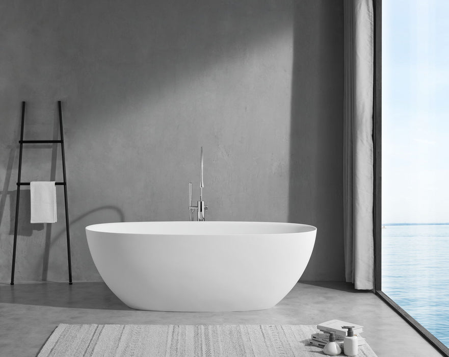 65'' Solid Surface Stone Resin Modern Oval Shaped Freestanding Soaking Bathtub With Overflow - White