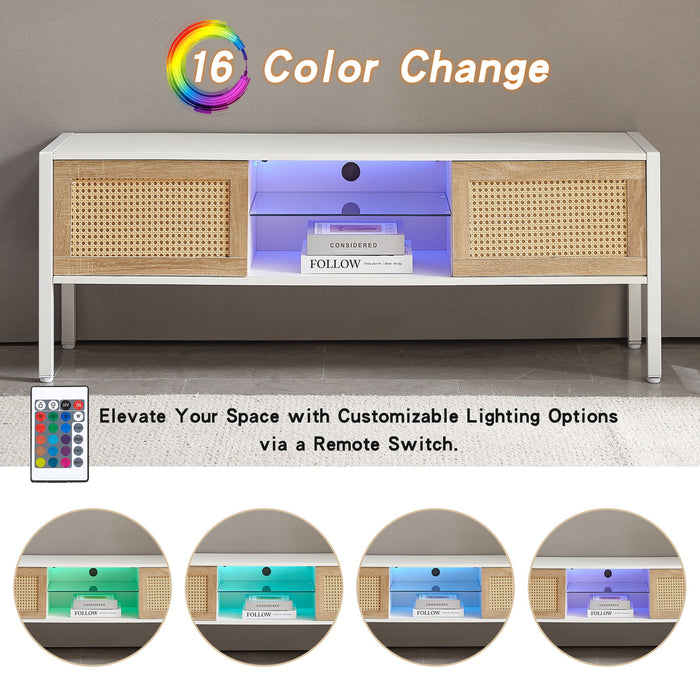 Rattan TV Cabinet With Variable Color Light Strip, Double Sliding Doors For Storage, Adjustable Shelf, Metal Legs, TV Console For Living Room, White