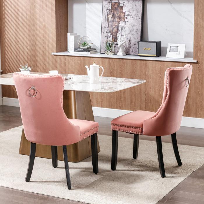 Nikki Collection Modern, High - End Tufted Solid Wood Contemporary Upholstered Dining Chair With Wood Legs Nailhead Trim (Set of 2) - Pink