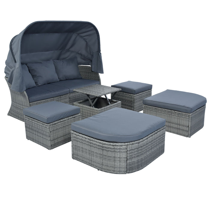 U_Style Outdoor Patio Furniture Set Daybed Sunbed With Retractable Canopy Conversation Set Wicker Furniture - Gray