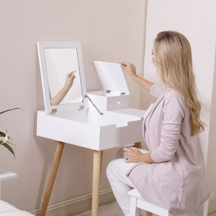 Wooden Vanity Desk Flip Top Dressing Mirror Writing Table Computer Desk, White
