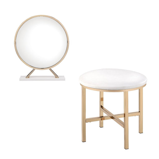 Midriaks - Vanity Mirror & Stool - PU, White & Gold Finish Unique Piece Furniture