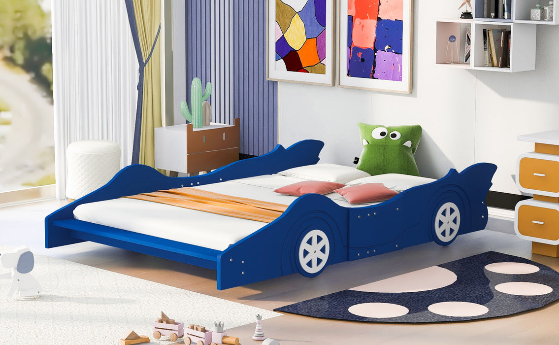 Full Size Race Car-Shaped Platform Bed With Wheels, Blue