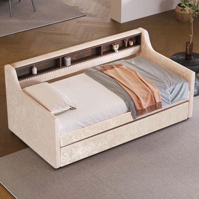 Twin Size Snowflake Velvet Daybed With Trundle And Built-In Storage Shelves, Beige