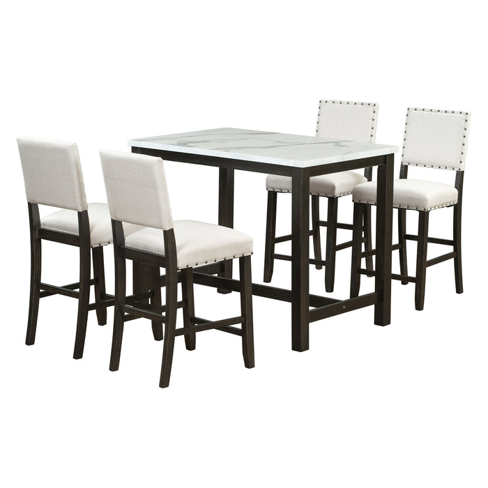 Topmax 5 Piece Rustic Wooden Counter Height Dining Table Set With 4 Upholstered Chairs For Small Places, Faux Marble Top + Black Body