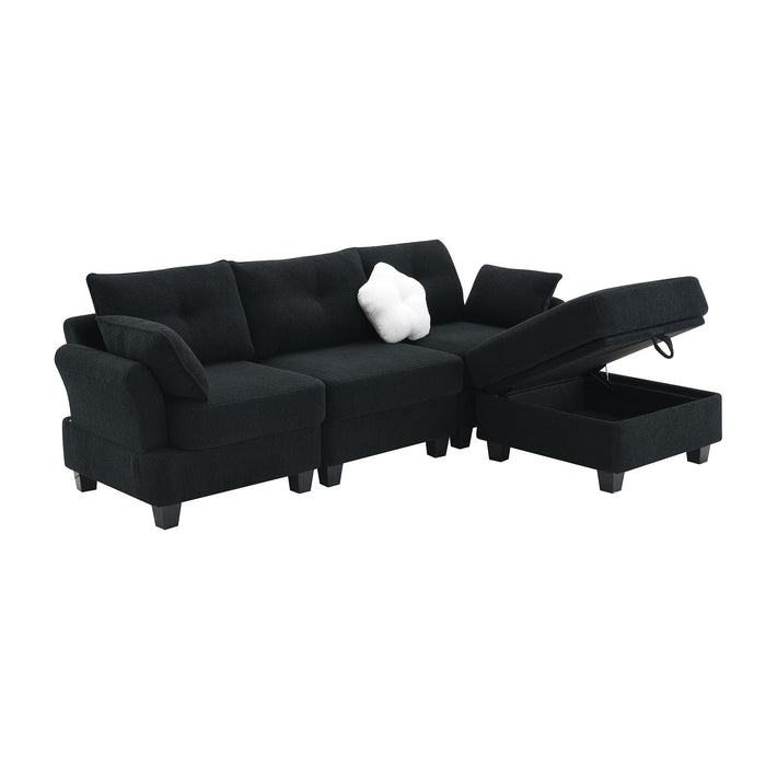 Modern Teddy Velvet Sectional Sofa, Charging Ports On Each Side, L-Shaped Couch With Storage Ottoman, 4 Seat Interior Furniture For Living Room, Apartment, 3 Colors (3 Pillows) - Black