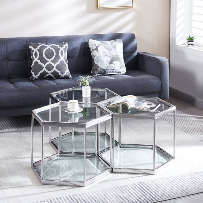 Modern Glass Coffee Table With Silver Finish Stainless Steel Frame
