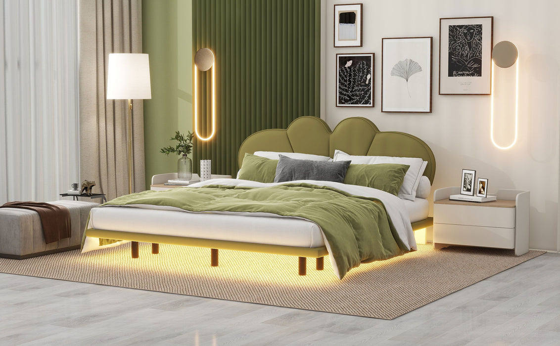 Queen Size Upholstery Platform Bed With PU Leather Headboard And Support Legs, Underbed LED Light, Green