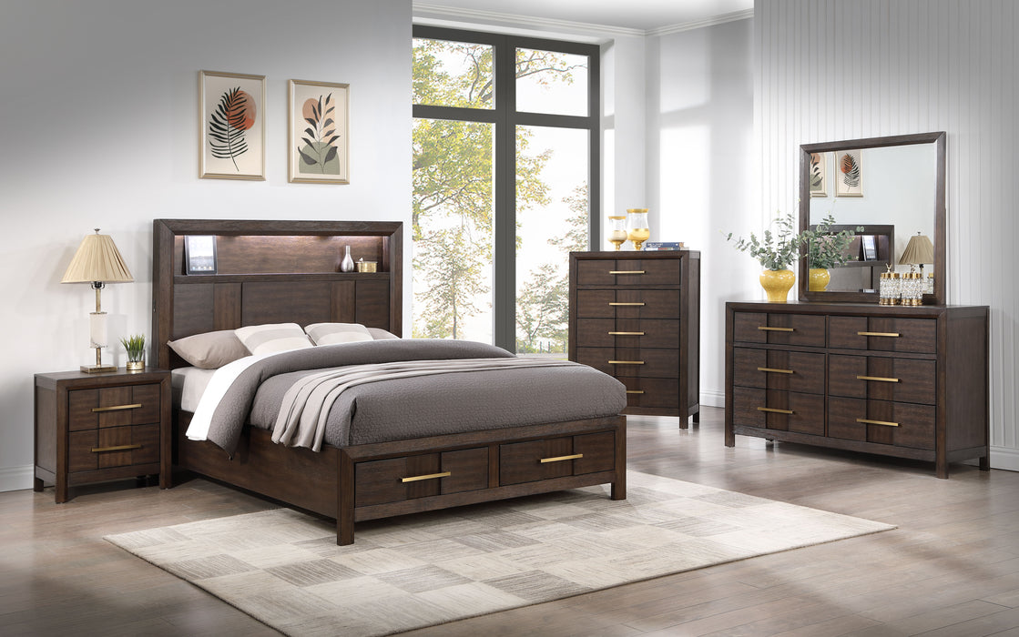 Kenzo Modern Style Queen Bed Made With Wood & LED Headboard With Bookshelf In Walnut