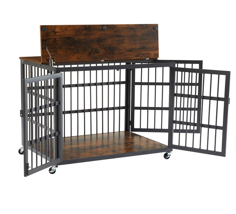 Furniture Style Dog Crate Wrought Iron Frame Door With Side Openings - Rustic Brown