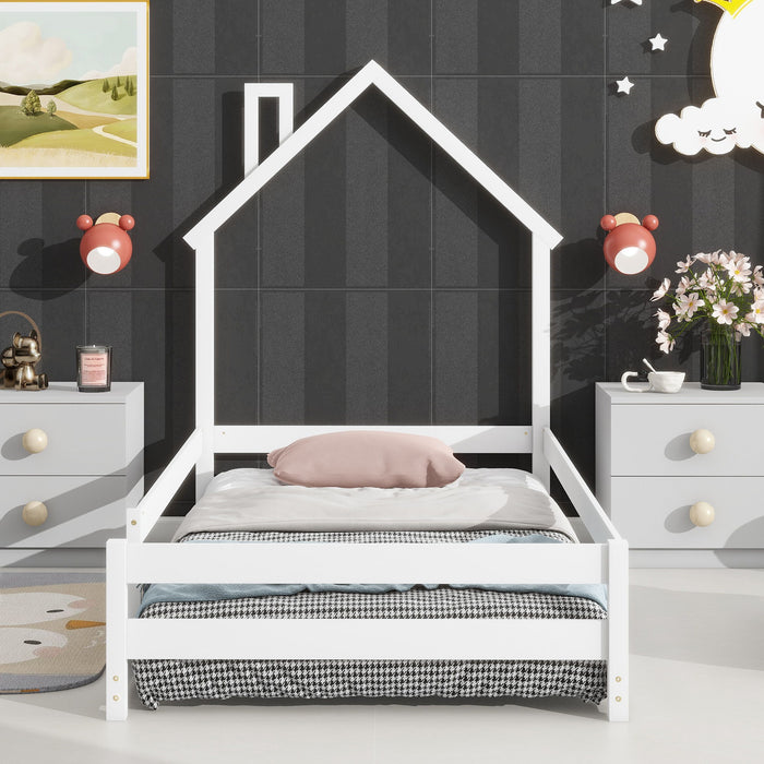 Twin Size Wood Bed With House-Shaped Headboard Floor Bed With Fences, White