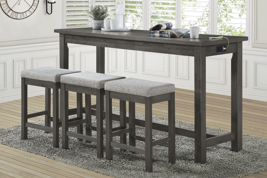 4 Piece Counter Height Dining Set Gray Finish Counter Height Table W Drawer Built-In USB Ports Power Outlets And 3 Stools Casual Dining Furniture