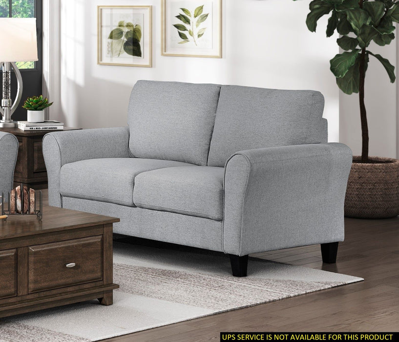 Modern 1 Piece Loveseat Dark Gray Textured Fabric Upholstered Rounded Arms Attached Cushions Transitional Living Room Furniture