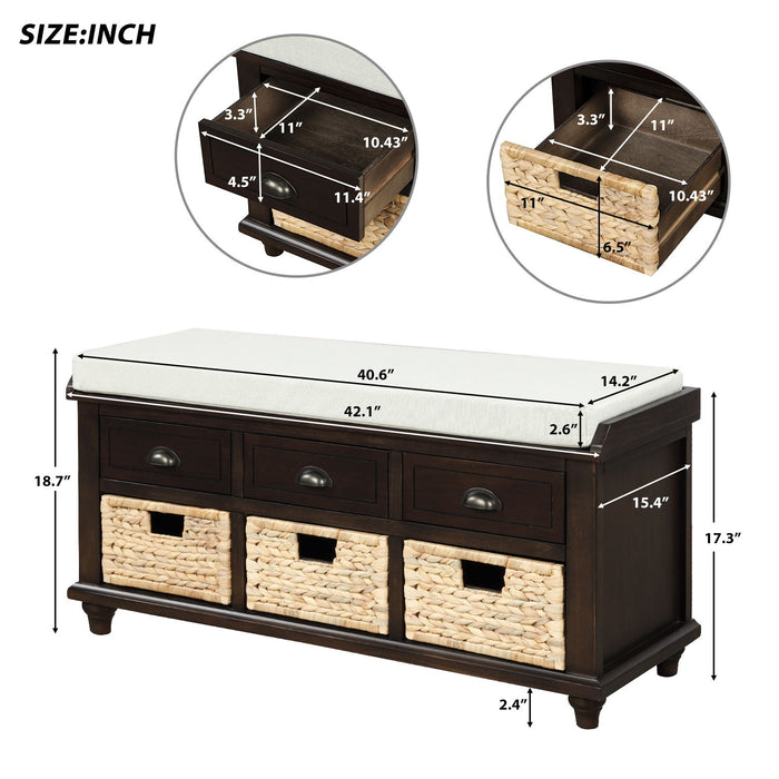 Trexm Rustic Storage Bench With 3 Drawers And 3 Rattan Baskets, Shoe Bench For Living Room, Entryway - Espresso