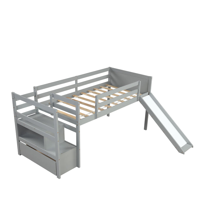 Twin Low Loft Bed With Stairs And Slide - Gray