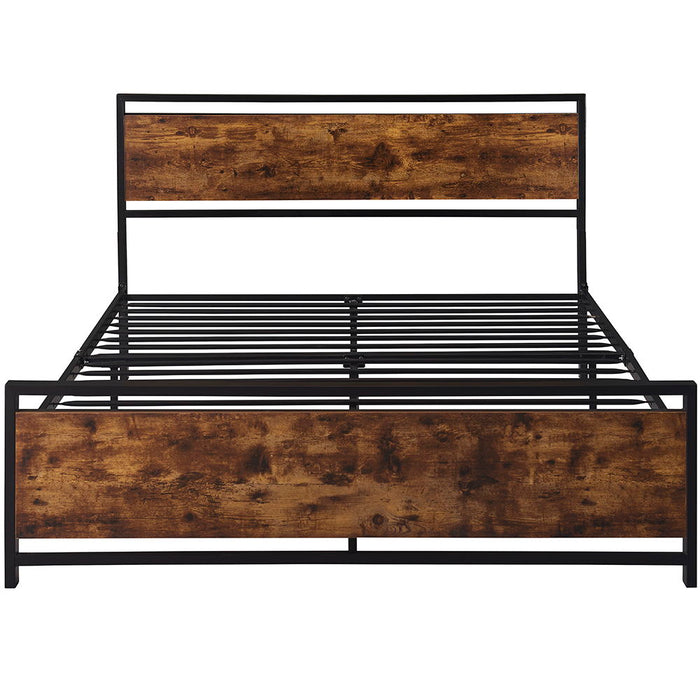 Queen Size Metal Platform Bed Frame With Wooden Headboard And Footboard, No Box Spring Needed, Large Under Bed Storage, Easy Assemble - Black