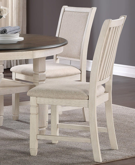 Antique White Finish Wooden Side Chairs 2 Pieces Set Textured Fabric Upholstered Dining Chairs