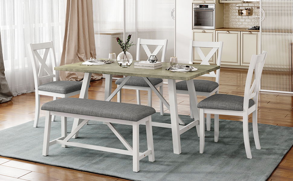 Topmax 6 Piece Dining Table Set Wood Dining Table And Chair Kitchen Table Set With Table, Bench And 4 Chairs, Rustic Style, White + Gray