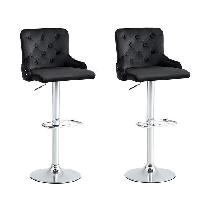 Bar Stool, Velvet Upholstered Seat, Gas Lifter, Decorated With Nailhead Trim, (Set of 2) Black Seat, Silver Base, Square Footrest,