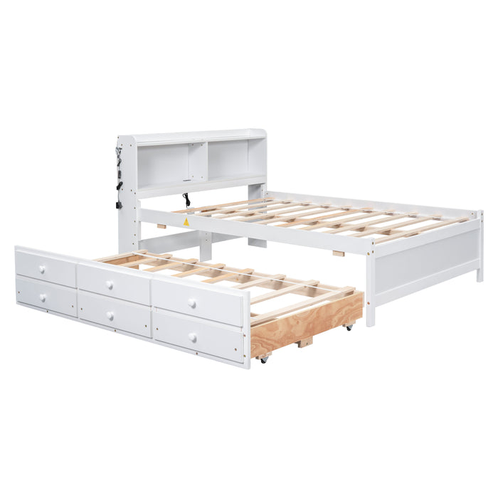 Full Size Bed With USB & Type-C Ports, LED Light, Bookcase Headboard, Trundle And 3 Storage Drawers, Full Size Size Bed With Bookcase Headboard, Trundle And Storage Drawers, White