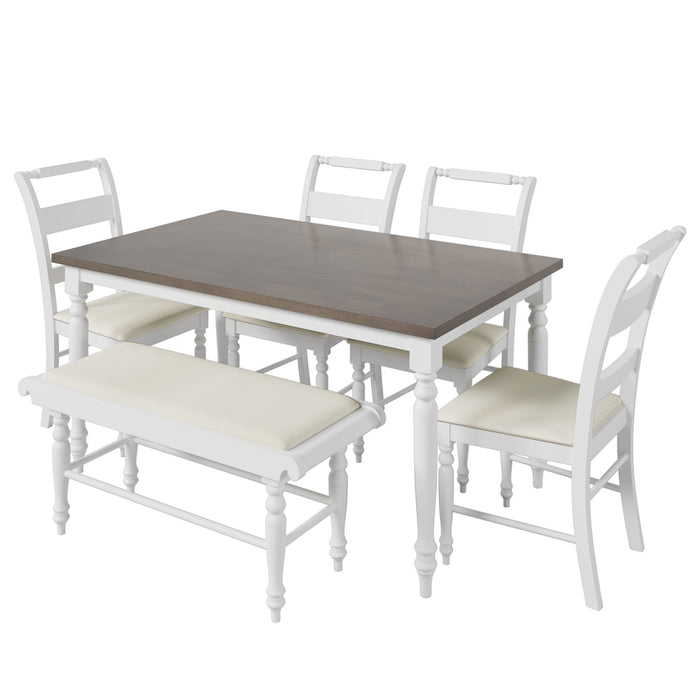 Topmax 6 - Peice Dining Set With Turned Legs, Kitchen Table Set With Upholstered Dining Chairs And Bench, Retro Style, White